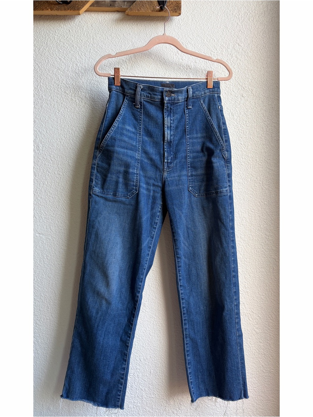 Mother Patch Pocket Raw Hem Dark Blue Straight Leg Jeans 26